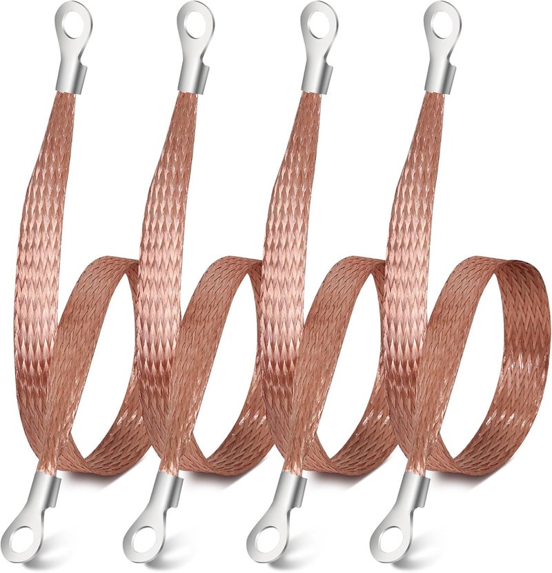 Jeyoon 4PCS Universal Automotive Flat Braided Copper Ground Strap, 12" x 1/2" Professional Engine Grounding Cable Straps with Terminal Plugs,Vehicle Ground Strap, Tinned Copper Grounding Strap Wire for Cars - Image 1